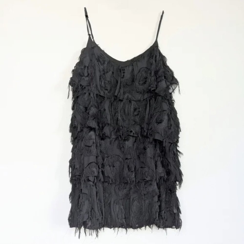 Waverly Grey Mel Mini Party 20s Dress V-Neck Fringed Tiers A-Line Black Lbd Sz M View 6